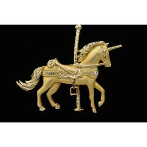 Vintage Carousel Pin Brooch Unicorn Horse Rhinestone Brushed Gold Chunky 80s 9B